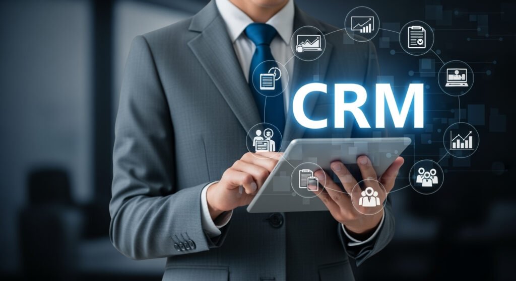 Ejecutivo usando CRM en tablet para procesos de automatización de clientes en entorno empresarial digital