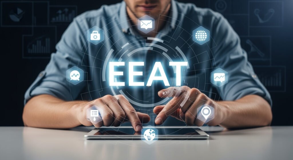 Profesional utilizando una tablet con visualización digital del concepto E-E-A-T, aplicado a estrategias SEO modernas en 2025
