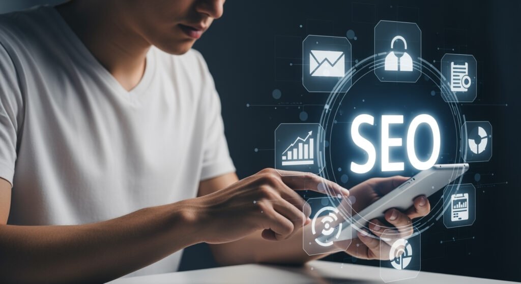 Persona usando un dispositivo móvil para estrategias de SEO impulsadas por inteligencia artificial, con iconos digitales de análisis, datos y posicionamiento web