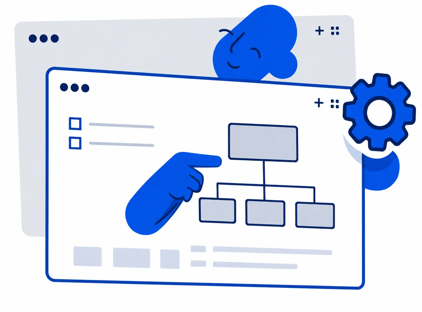 Ilustración digital en tonos azules de un desarrollador interactuando con la arquitectura web y el organigrama de estructura de sitio en una pantalla de navegador