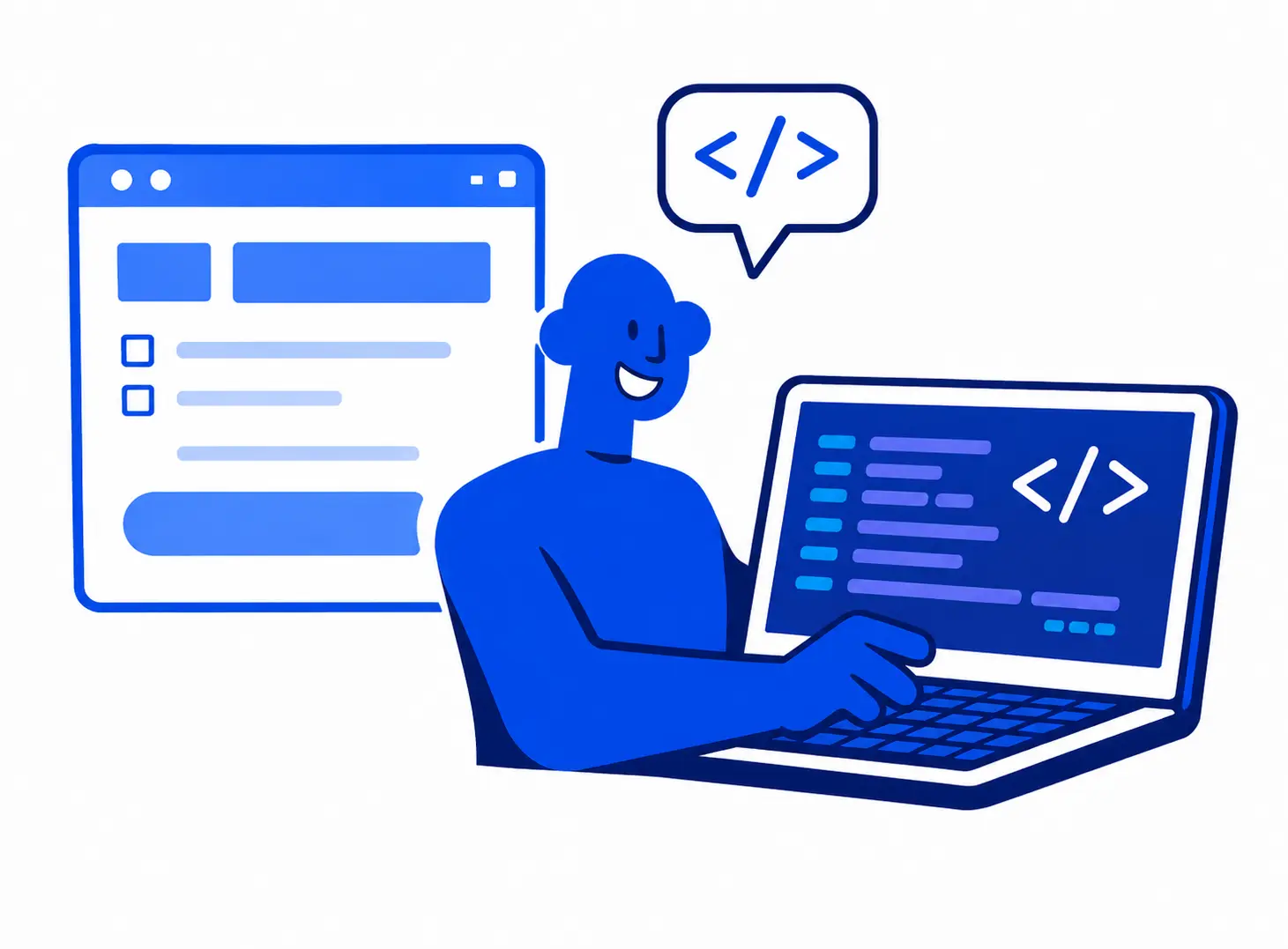 Ilustración en tonos azules de un programador trabajando en su computadora portátil programando código web junto a una vista previa de la interfaz del sitio