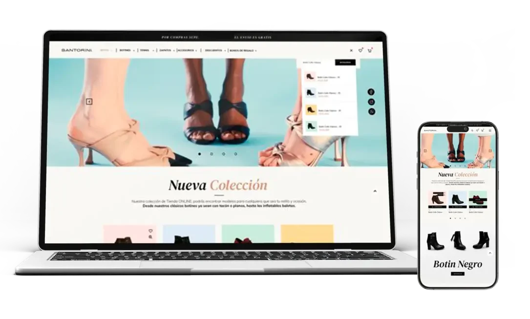 Maqueta de diseño web adaptativo para la tienda e-commerce de calzado y accesorios Santorini, mostrado en portátil y teléfono móvil por la agencia MED
