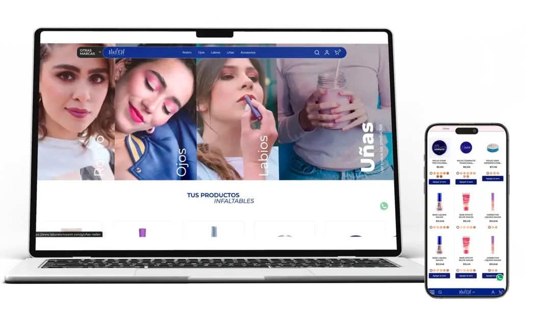 MED 29 Maqueta de diseño web adaptativo para la tienda e-commerce de cosméticos y maquillaje Nailen, mostrado en portátil y teléfono móvil por la agencia MED