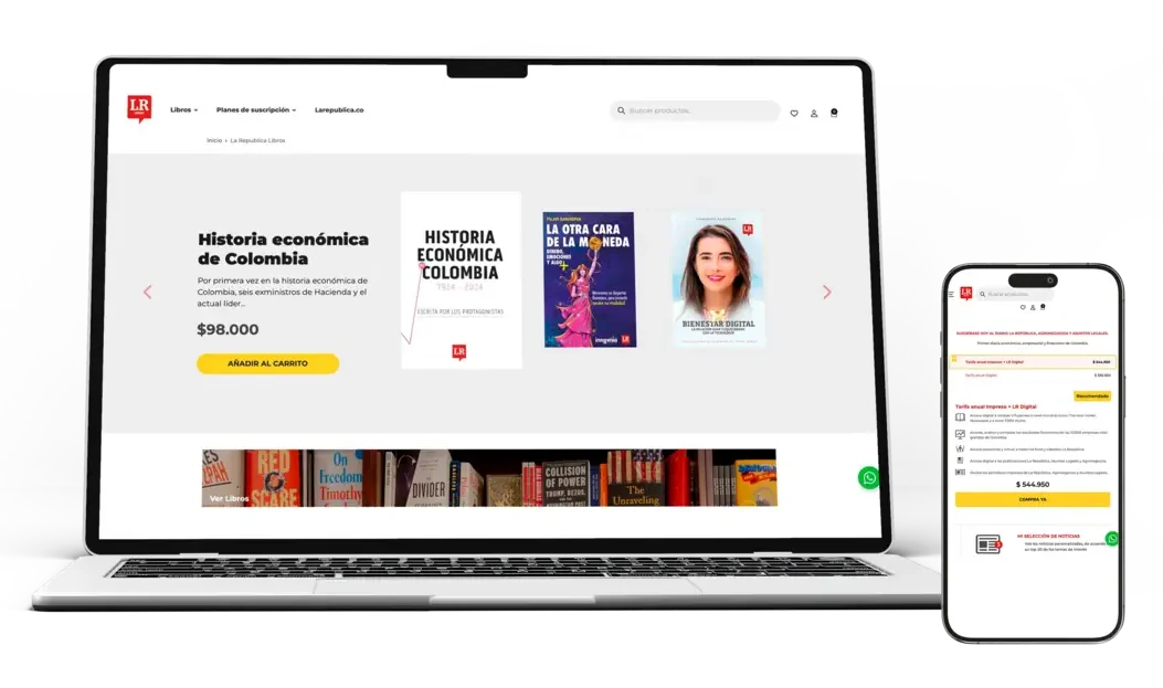 Maqueta de diseño web adaptativo para la tienda e-commerce de libros y suscripciones de Librería La República, mostrado en portátil y teléfono móvil por la agencia MED