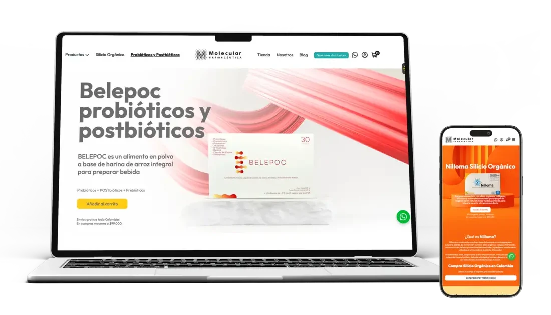 Maqueta de diseño web adaptativo para el e-commerce de Molecular Farmacéutica mostrado en portátil y teléfono móvil por la agencia MED