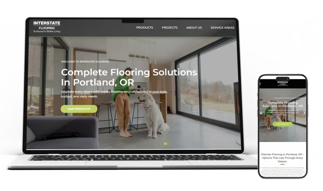 Maqueta de diseño web adaptativo para el sitio corporativo de la empresa de pisos Interstate Flooring en Portland, mostrado en portátil y teléfono móvil por la agencia MED