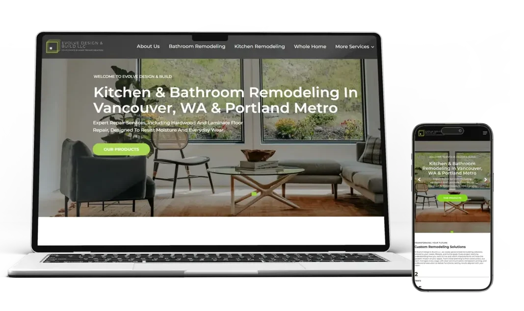 Maqueta de diseño web adaptativo para la empresa de remodelación de interiores Evolve Design & Build LLC, mostrado en portátil y teléfono móvil por la agencia MED