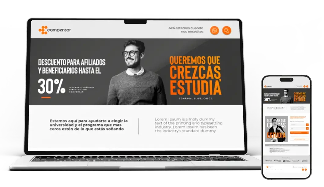 MED 40 Maqueta de diseño web adaptativo para la landing page de convenios de educación de Compensar, mostrado en portátil y teléfono móvil por la agencia MED