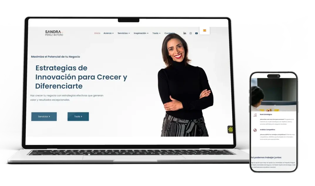 MED 37 Maqueta de diseño web adaptativo para el sitio de marca personal y consultoría de Sandra Pérez Botero, mostrado en portátil y teléfono móvil por la agencia MED