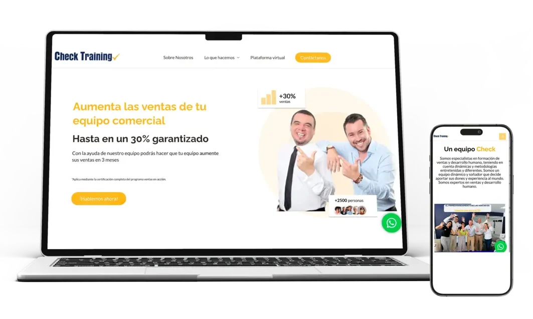 Maqueta de diseño web adaptativo para la plataforma de entrenamiento comercial Check Training, mostrado en portátil y teléfono móvil por la agencia MED