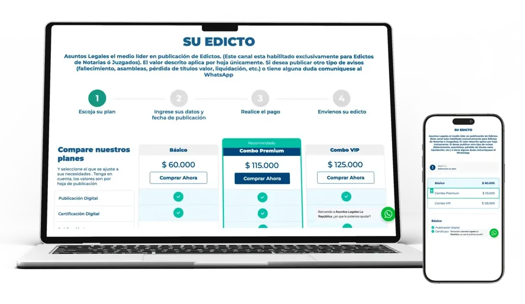 Maqueta de diseño web adaptativo para el portal de publicación de edictos notariales y judiciales El Edicto de Asuntos Legales, mostrado en portátil y teléfono móvil por la agencia MED