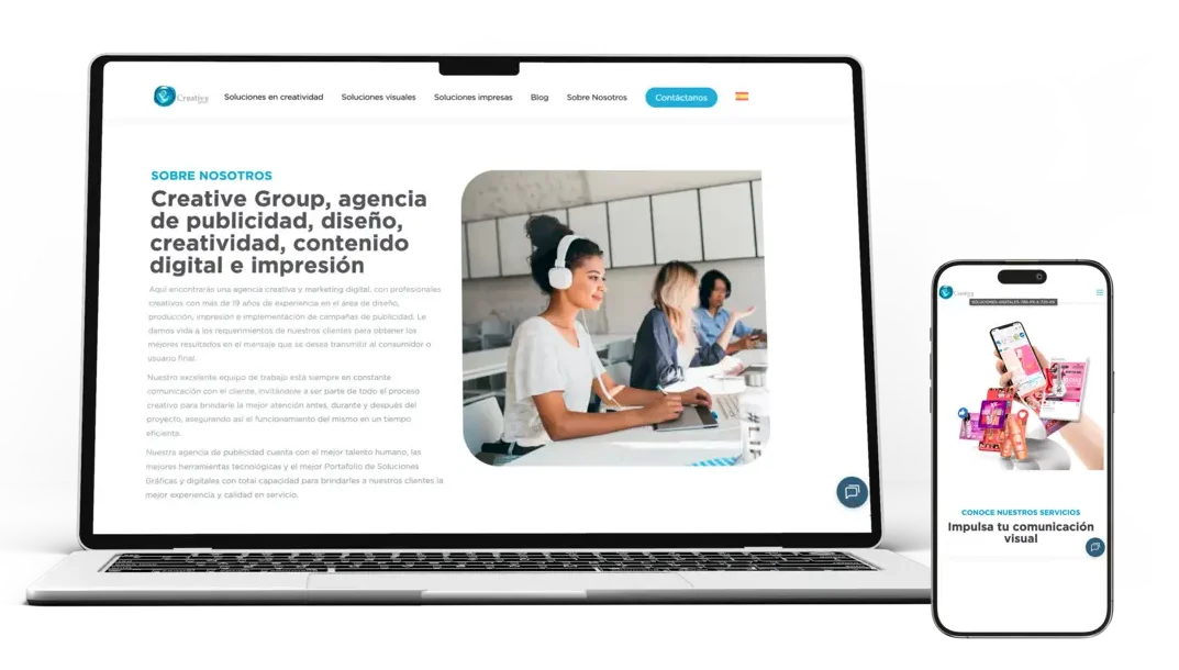Maqueta de diseño web adaptativo para la plataforma corporativa de la agencia publicitaria y de impresión Creative Group, presentado en portátil y smartphone por la agencia MED