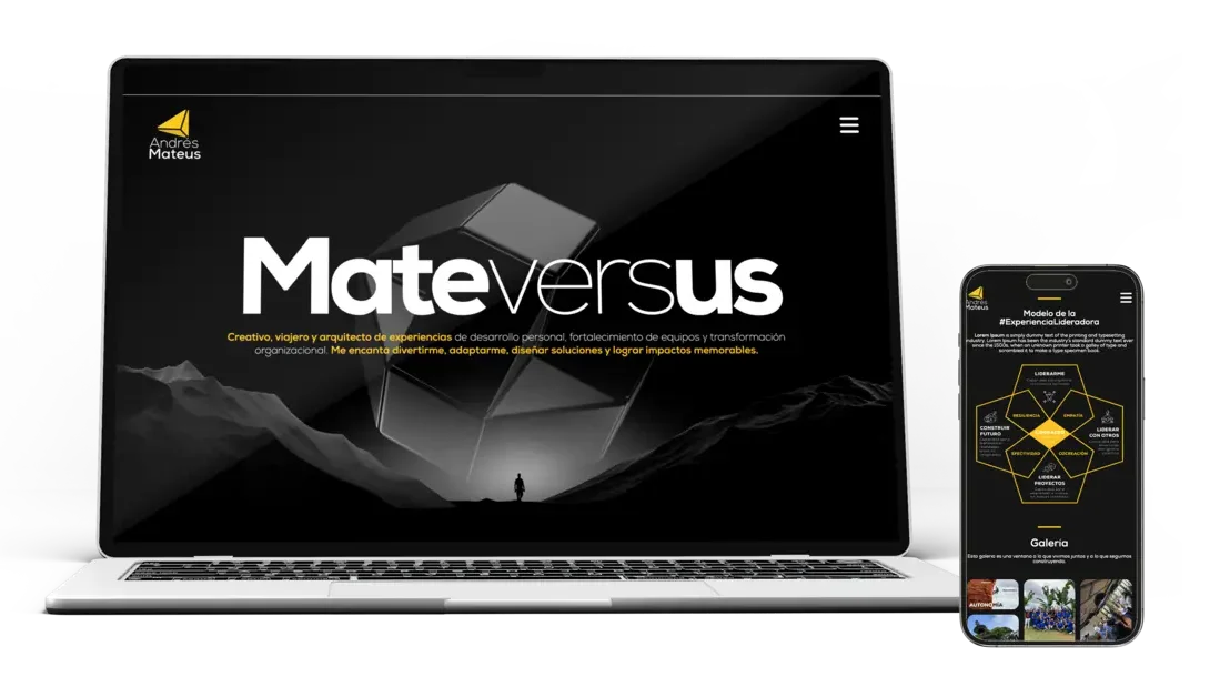 Maqueta de diseño web adaptativo para el sitio web personal y de liderazgo de Andrés Mateus (Mateversus), presentado en portátil y teléfono móvil por la agencia MED