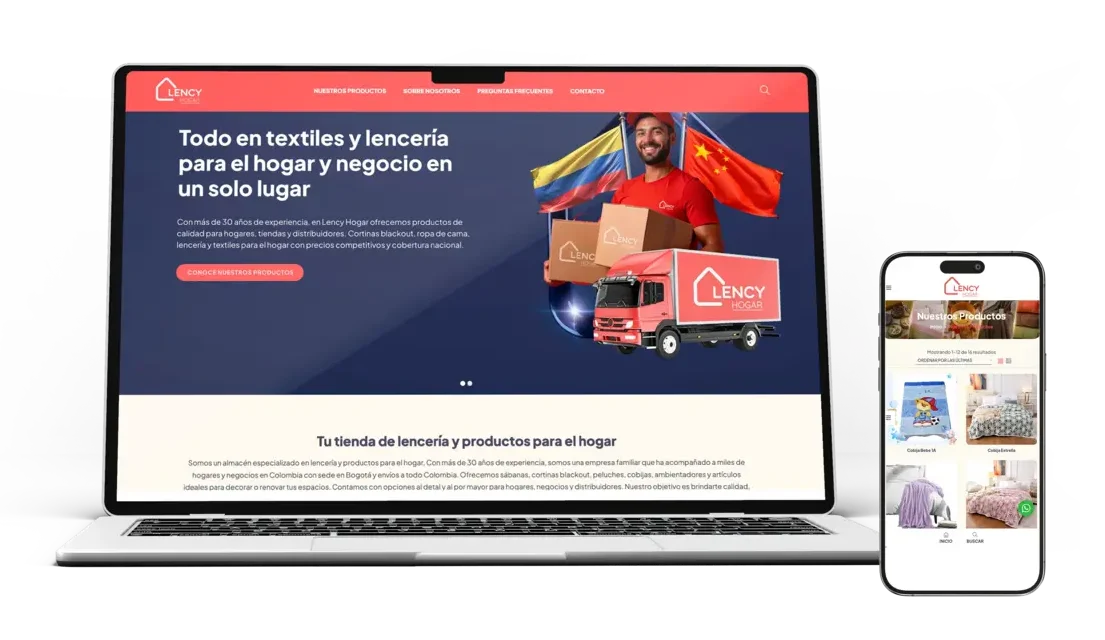 MED 39 Maqueta de diseño web adaptativo para el e-commerce de lencería y textiles de hogar Lency Hogar, mostrado en portátil y teléfono móvil por la agencia MED