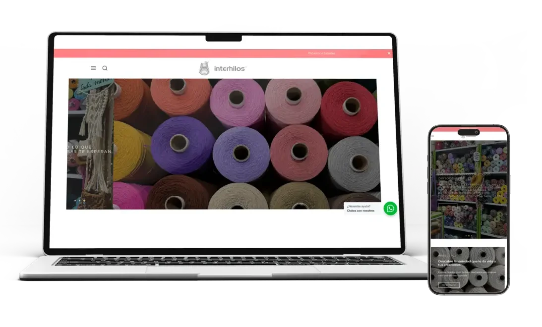 Maqueta de diseño web adaptativo para la tienda e-commerce de hilos e insumos textiles Interhilos, mostrado en portátil y teléfono móvil por la agencia MED